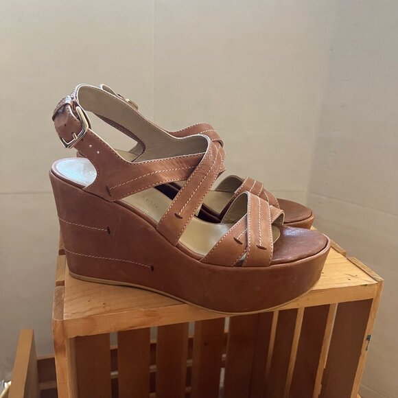 Stuart Weitzman Size 8.5 Brown Leather Strappy Slingback Wedge Heel Sandals - Picture 6 of 16